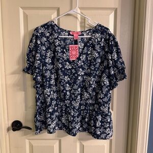 Coco & Shay Elegant Floral Navy Blouse 3X